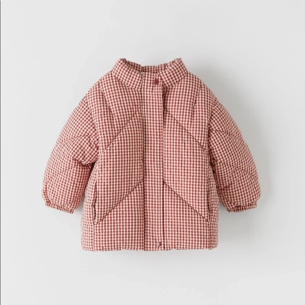 Zara red Gingham puffer Coat ISO - Picture 1 of 2